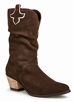 Chocolate Suede Slouch Cuban Heel Western Boots by Freemans