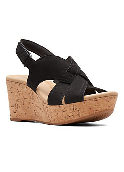 Collection Rose Erin Black Wide E Fitting Nubuck Leather Wedge Sandals by Clarks