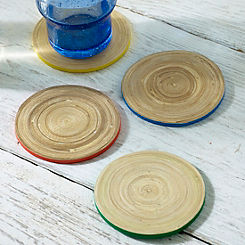 Colour Me Happy Set of 4 Mixed Coloured Mugs Bamboo Coasters by Sur La Table