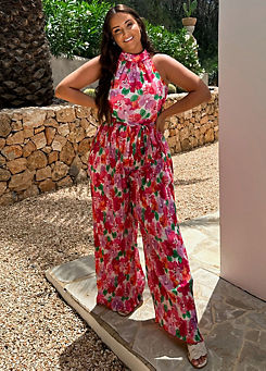 Coral Floral Print Plisse Sleeveless Wide Leg Jumpsuit by In The Style x Jac Jossa