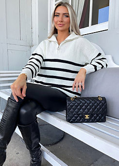 Cream & Black Zip Front Stripe Knitted Jumper by AX Paris