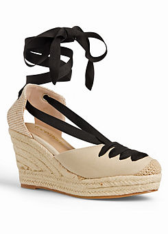Cream and Black Lace Detail Espadrille Wedges by Freemans