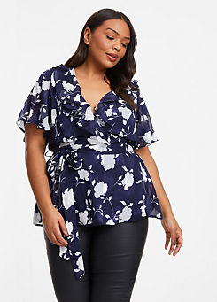 Curve Navy Floral Frill Peplum Top by Quiz