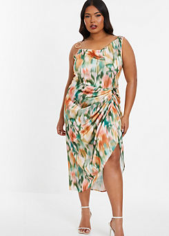 Curve Pink & Green Smudge Print Asymmetric Midaxi Dress by Quiz