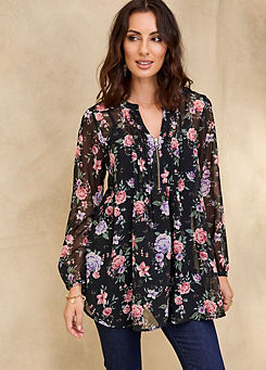 Dark Floral Chiffon Zip Pintuck Blouse by Together