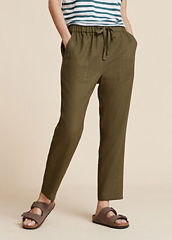 Dark Khaki Tapered Linen Trousers by Freemans