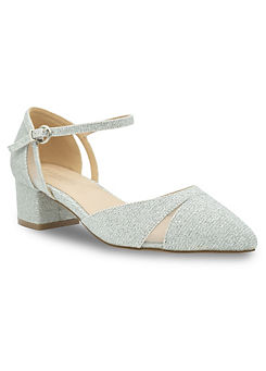 Deja Silver Glitter Mid Block Heel Wide Fit Ankle Strap Court Shoes by Paradox London