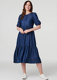 Denim Blue Tiered Half Puff Sleeve Midi Dress by Izabel London