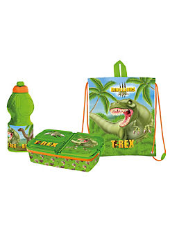 Dinosaur Triple Pack - Multi Compartment Sandwich Box, 400ml Sports Bottle & Drawstring Lunch Bag by Stor