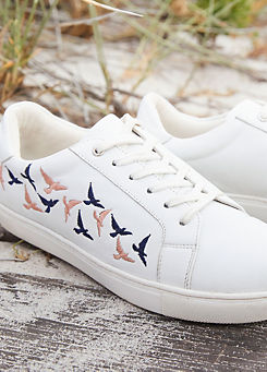 Ellie Embroidered Bird White Leather Trainers by Freestyle