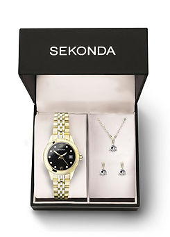 Exclusive Ladies Gold Stainless Steel Bracelet Analogue 26mm Watch, Earrings & Pendant Gift Set by Sekonda