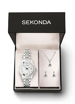 Exclusive Ladies Silver Stainless Steel Bracelet Analogue 26mm Watch, Earrings & Pendant Gift Set by Sekonda