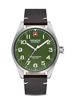 FALCON Watch Silver Case with Olive Green Dial. Dark Brown Leather Strap by Swiss Military