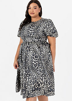 Fit & Flare Dress with Puff Sleeve in Animal Metallic Jacquard by Lovedrobe Luxe