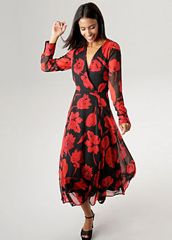 Floral Print Long Sleeve Wrap Midi Dress by Aniston