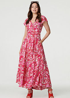 Fuchsia Floral Ruched V-Neck Maxi Dress by Izabel London