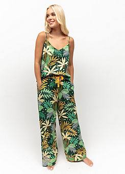 Gabrielle Palm Leaf Print Cami & Wide Leg Pyjama Bottoms Set by Cyberjammies