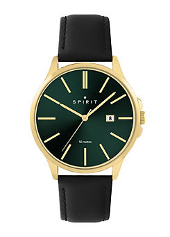 Gents Classic Polished Gold Leather Watch in Black by Spirit