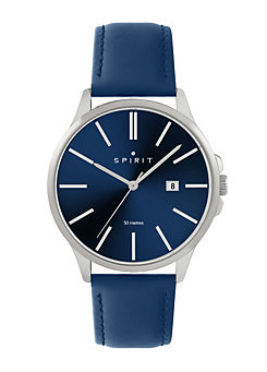 Gents Classic Polished Silver Leather Watch in Navy by Spirit