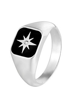 Gent’s Sterling Silver Black Enamel Square Signet CZ Ring by For You Collection