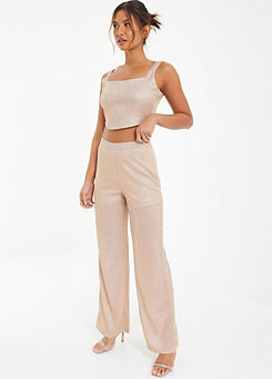Gold Glitter Woven Palazzo Trousers by Quiz