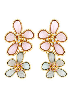 Gold Pink & Green Crystal Glass Flower Drop Earrings by MOOD By Jon Richard