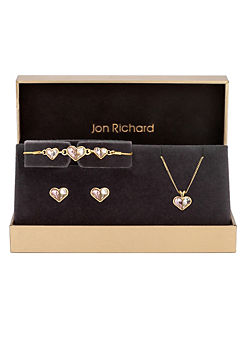 Gold Plated Pink & Crystal Heart Trio Set - Gift Boxed by Jon Richard