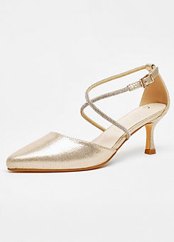 Gold Shimmer Cross Diamante Low Court Heel Shoes by Quiz