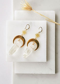 Gold Tone Sun & Moon Raw Cut Clear Quartz Crystal Wrapped Earrings by Xander Kostroma