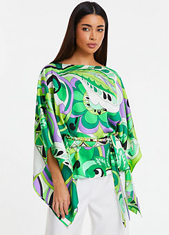 Green & Lilac Satin Paisley Print Batwing Top with Woven Chain Belt by Quiz