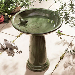 Green Ceramic Bird Bath on Pedestal by Fallen Fruits