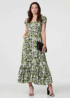 Green Floral Print Split Hem Maxi Dress by Izabel London