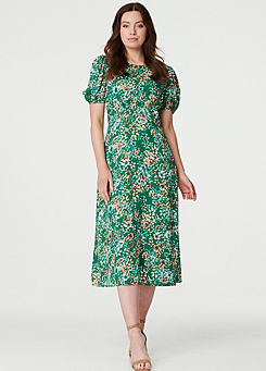 Green Floral Puff Sleeve Ruched Midi Dress by Izabel London