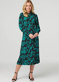 Green Multi Floral High Neck Split Midi Dress by Izabel London