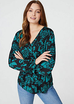 Green Multi Floral Long Sleeve Relaxed Blouse by Izabel London