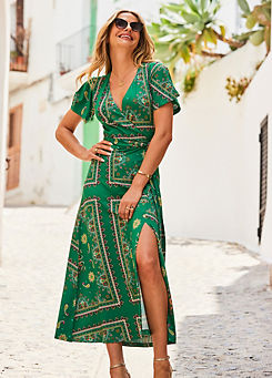 Green Scarf Print Faux Wrap Maxi Jersey Dress by Sosandar