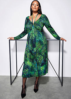 Green Snake Print Halter Neck Midi Dress by STAR by Julien Macdonald