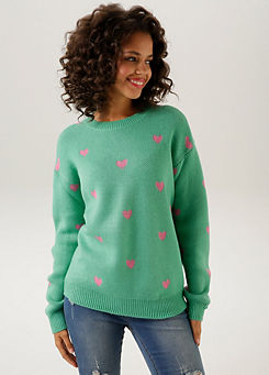 Heart Print Knitted Sweatshirt by Aniston