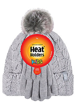 Heat Holdere Kids Glacier Peak Cable Hat With Pom Pom & Gloves  by Heat Holders