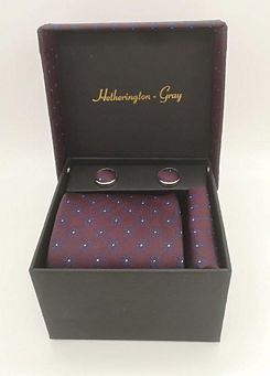 Hetherington Gray Burgundy with Blue Flower Tie, Pocket Square & Cufflink Set