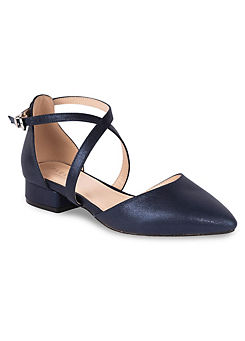Irene Navy Shimmer Cross Strap Block Heel Court Shoes by Paradox London