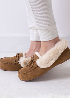 Isotoner Ladies Genuine Suede Moccasin with Faux Fur Lining by Totes
