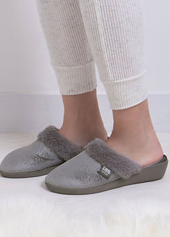 Isotoner Ladies Grey Sparkle Velour Heeled Mule Slippers by Totes