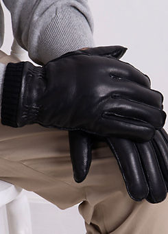 Isotoner Mens Premium Black Leather SmarTouch™ Gloves with Rib Knit Cuff by Totes