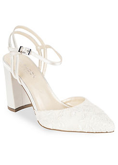 Ivory Satin and Lace ’Fauna’ High Block Heel Court Shoes by Paradox London