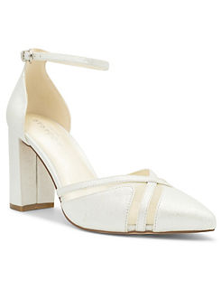 Ivory Shimmer ’Rhea’ High Block Heel Ankle Strap Court Shoes by Paradox London