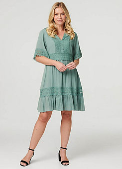 Khaki Lace Detail Half Sleeve Short Dress by Izabel London