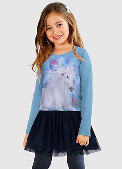 Kids Unicorn Print Jersey Mesh Dress by Miss Melody