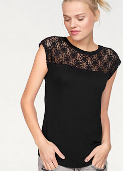 Lace Insert Round Neck Top by AJC