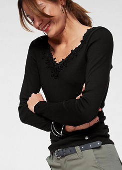 Lace Trim Long Sleeve V-Neck Top by AJC